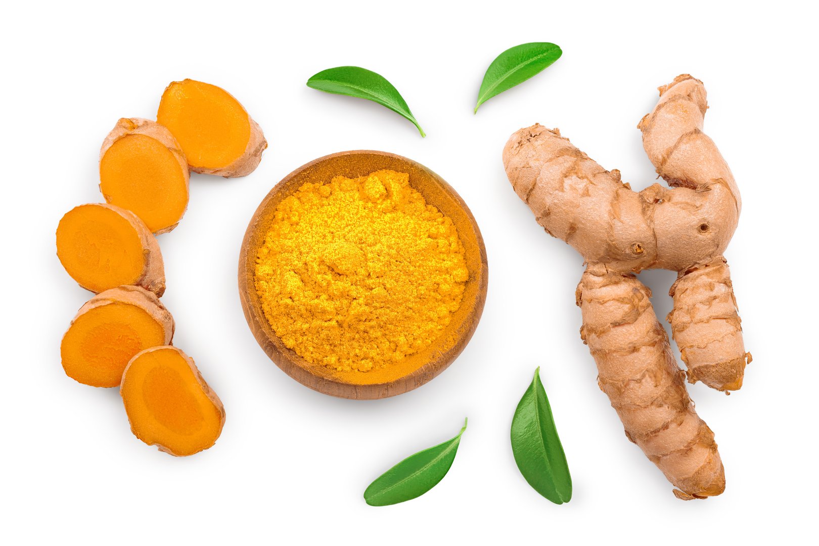 Turmeric powder and turmeric root isolated on white background. Top view. Flat lay.