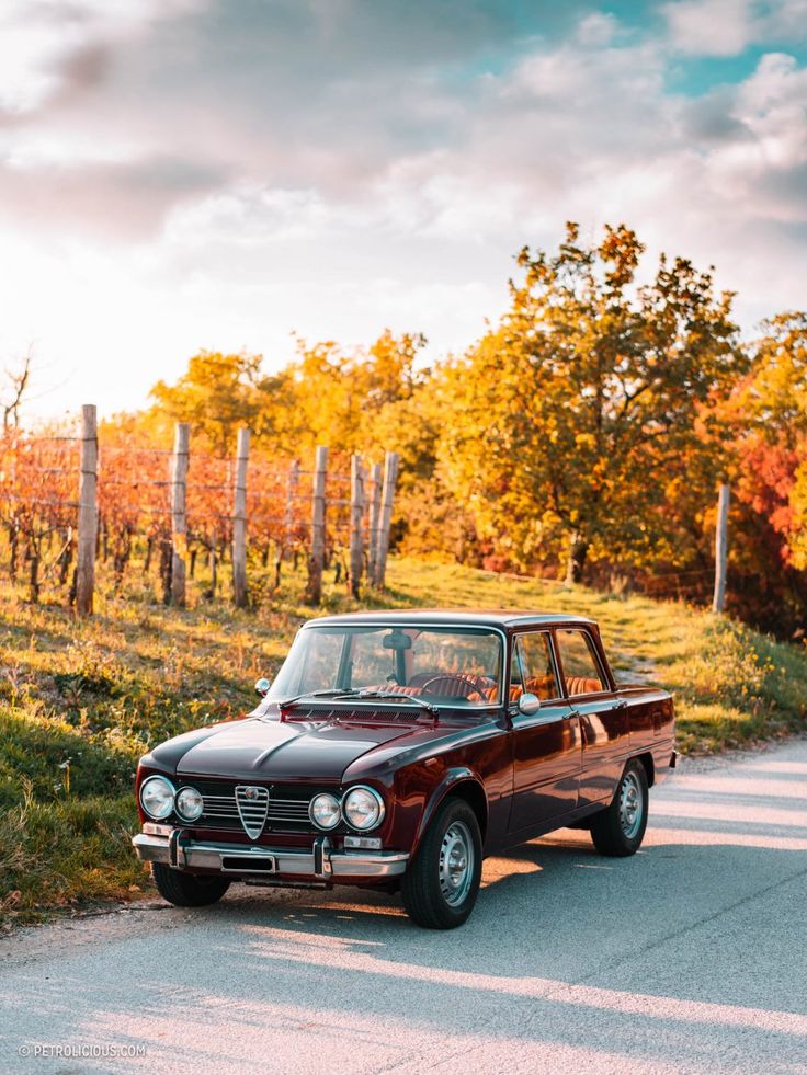 A vintage red car parked on a rural road, surrounded by vibrant autumn trees and rows of grapevines.