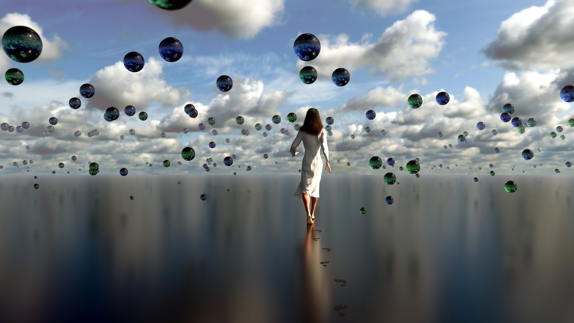 3d render of a barefoot woman wearing a white dress while walking away from the camera into a surreal infinite surface surrounding by green and blue floating orbs.