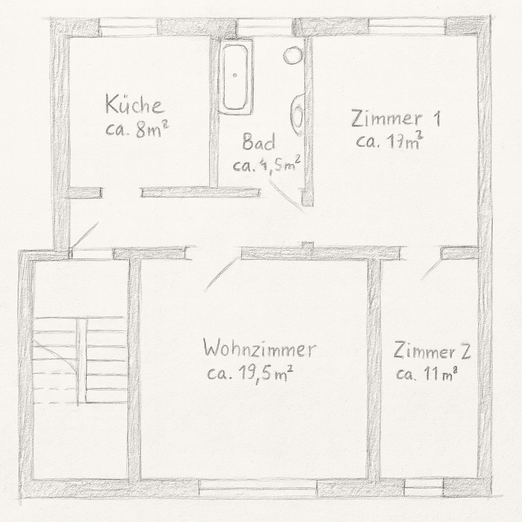 Hand drawing of floor plan for apartment.