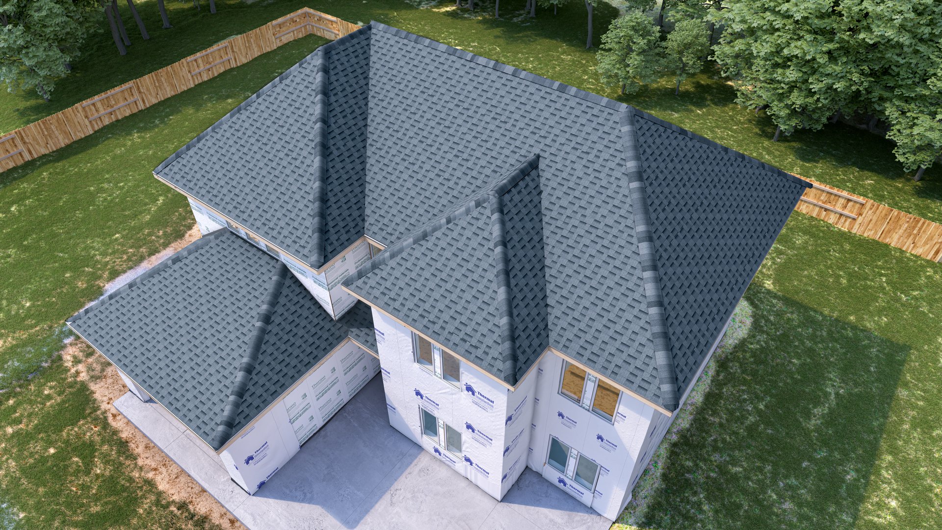 Building frame house with asphalt roof. 3d illustration