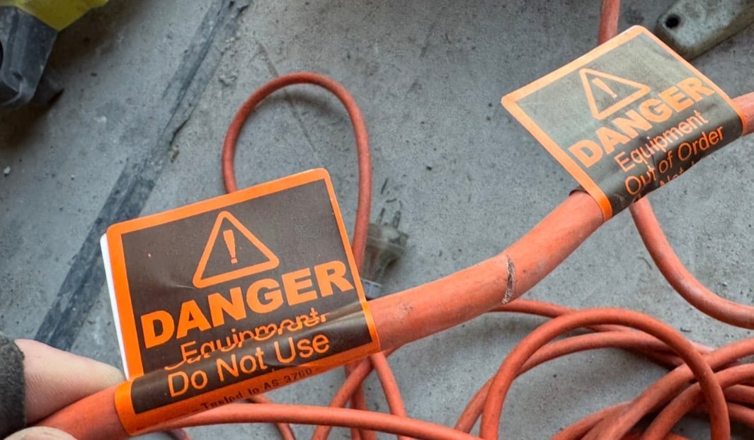 Safety testing equipment and tagged electrical items on a workspace