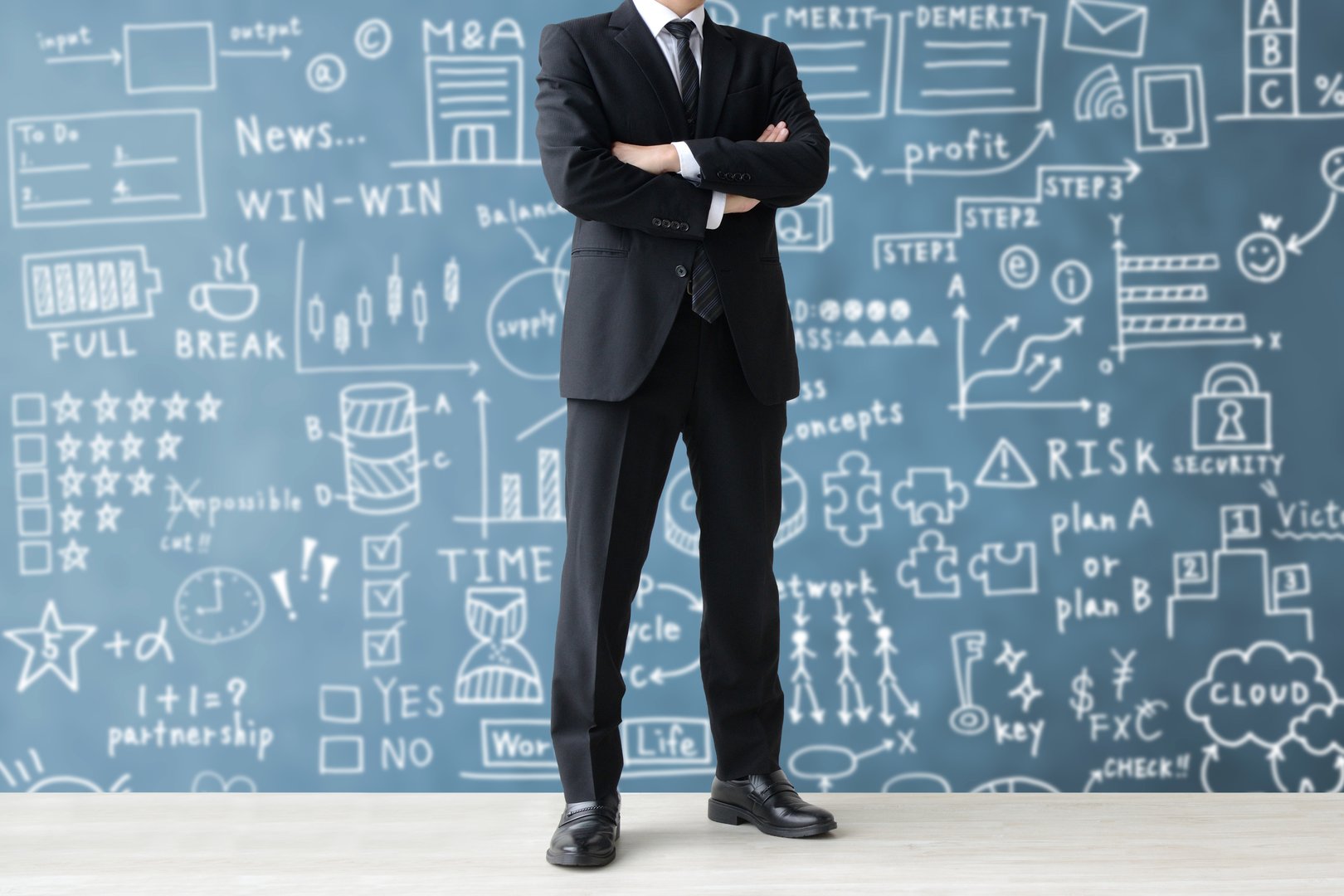 Thinking businessman and handwritten business concepts illustration