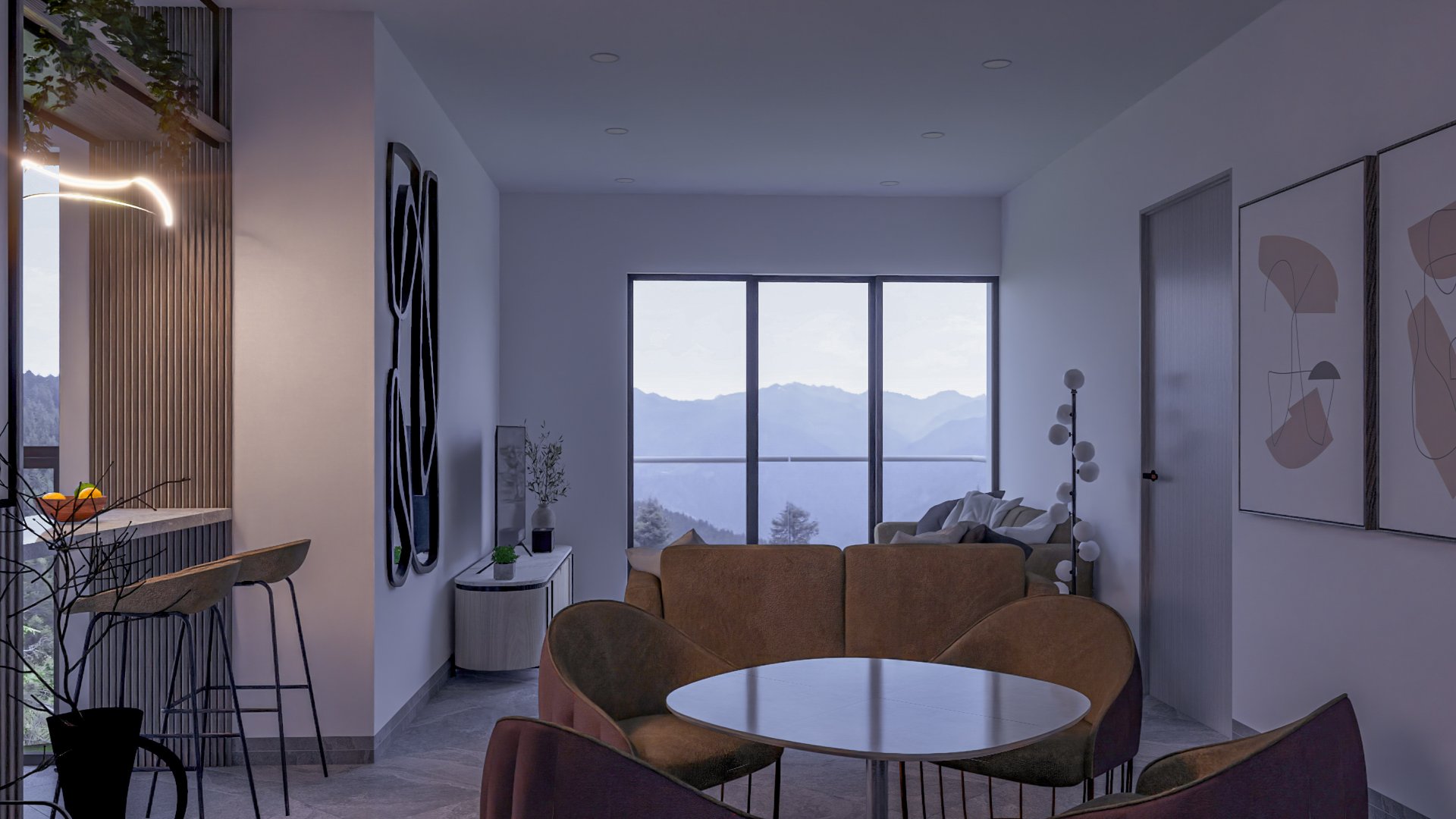 Modern living room with brown furniture, large window view of mountains, and minimalist decor.