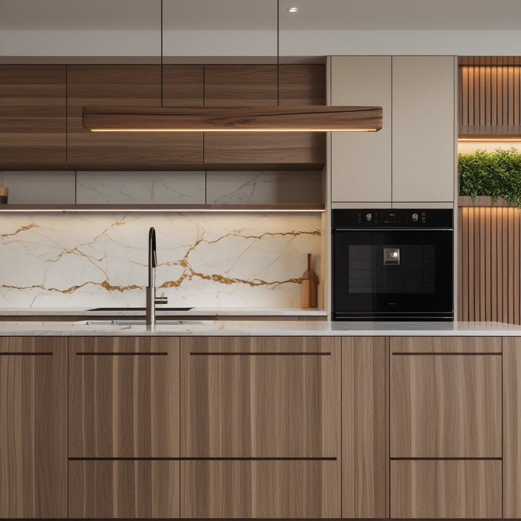 Modern kitchen with wood cabinetry, marble backsplash, built-in oven, and under-shelf lighting highlighting decorative plants.