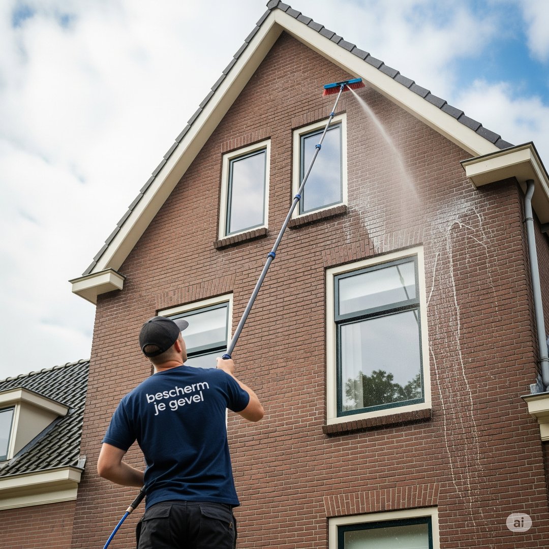Professionele softwash gevelreiniging met telescoopstang en borstel
