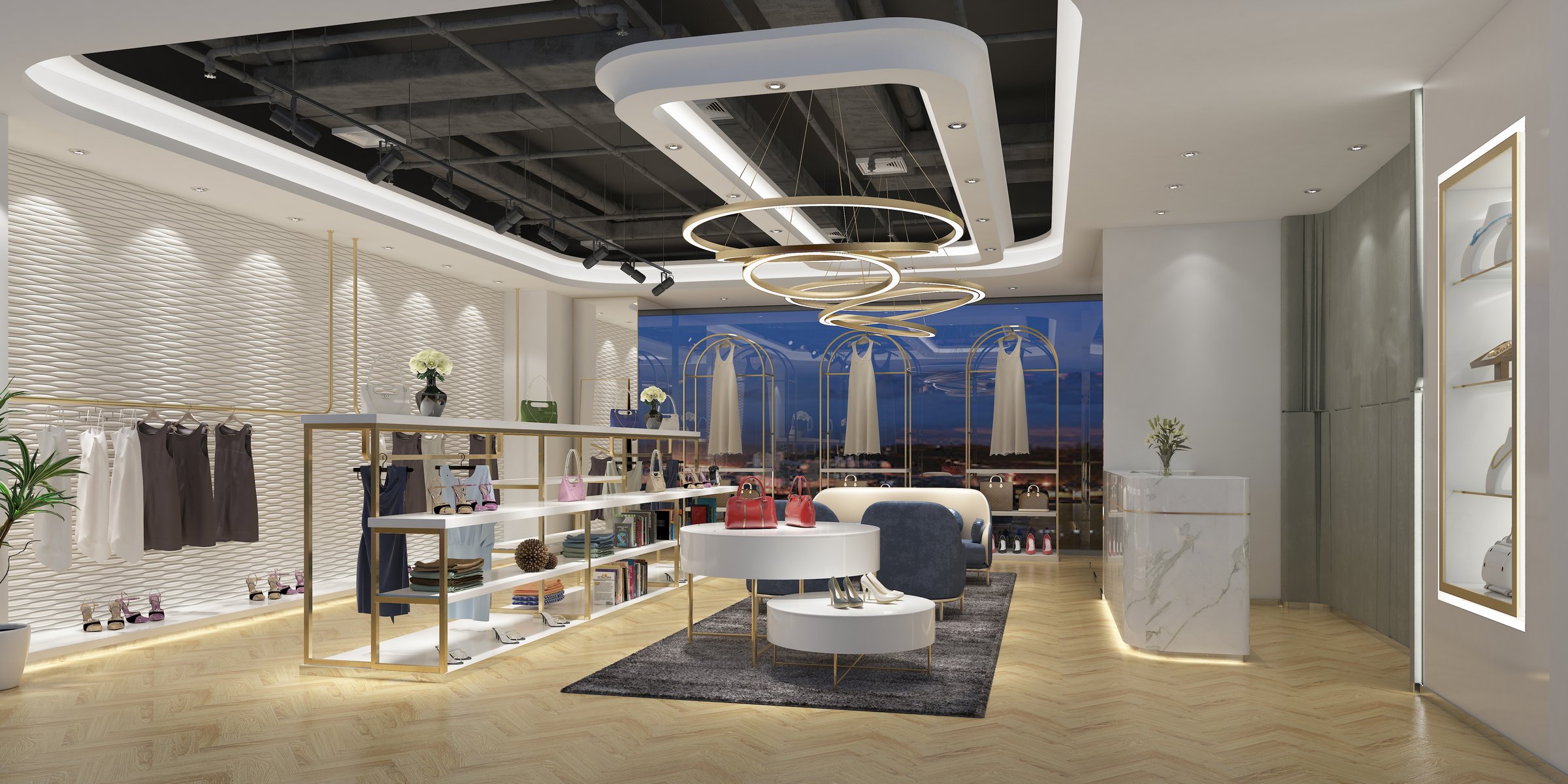 3d render of fashion shop, shoes and bags