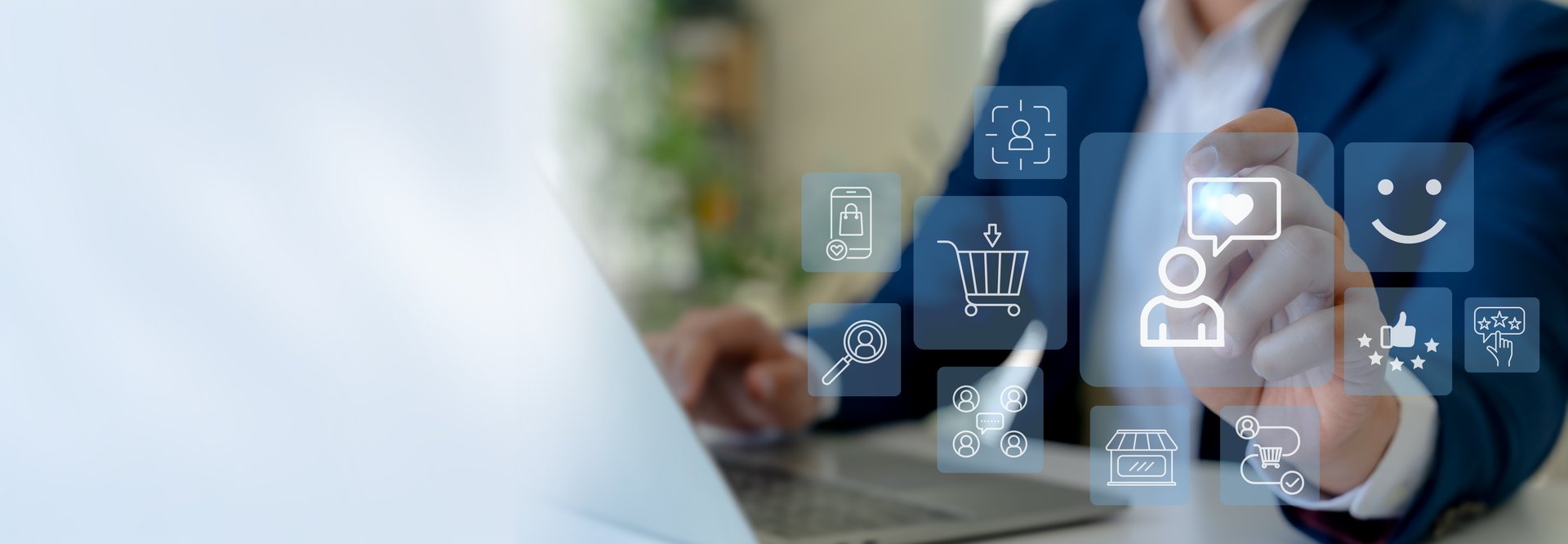 Customer experience and digital marketing concept. Interacting with a digital interface showing icons customer experience, online shopping, feedback, marketing strategies and personalized engagement.