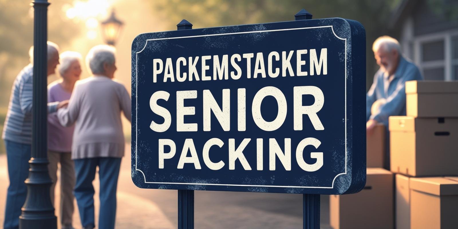 PackEmStackEm Senior Packing sign with dark blue background, packing boxes, and senior citizens in the background