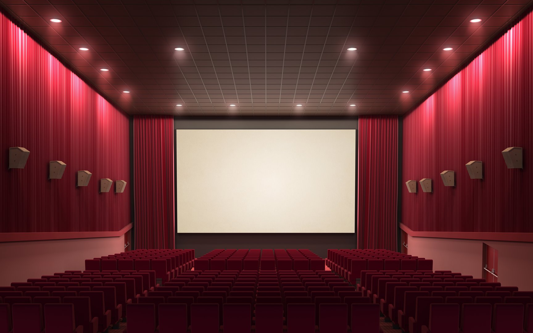 3d render cinema stage (sound system, spectacular lighting, upholstered in red fabric)