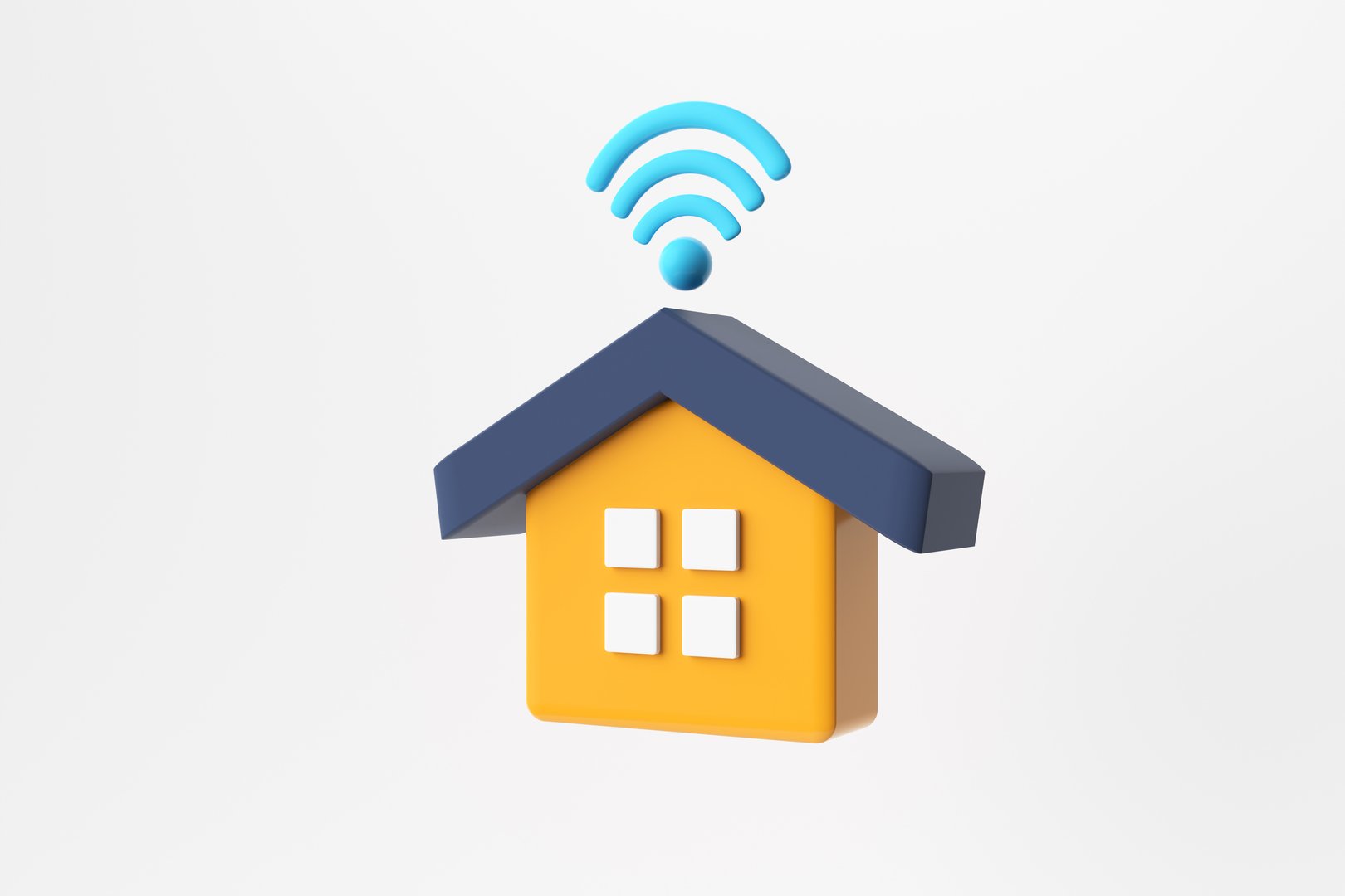3d rendering of a pink house with a wifi signal floating above, representing the concept of a smart home. 3D render