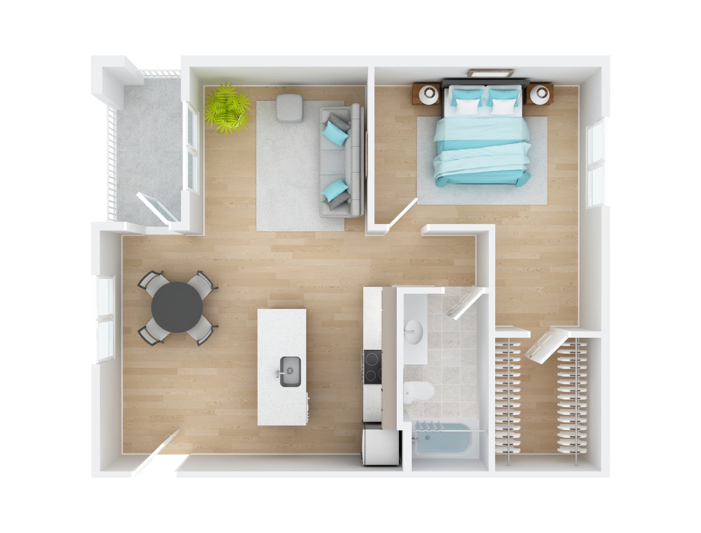3D rendered floor plan of a modern one-bedroom apartment. The layout includes an open-concept living, dining, and kitchen area with light wood flooring throughout.