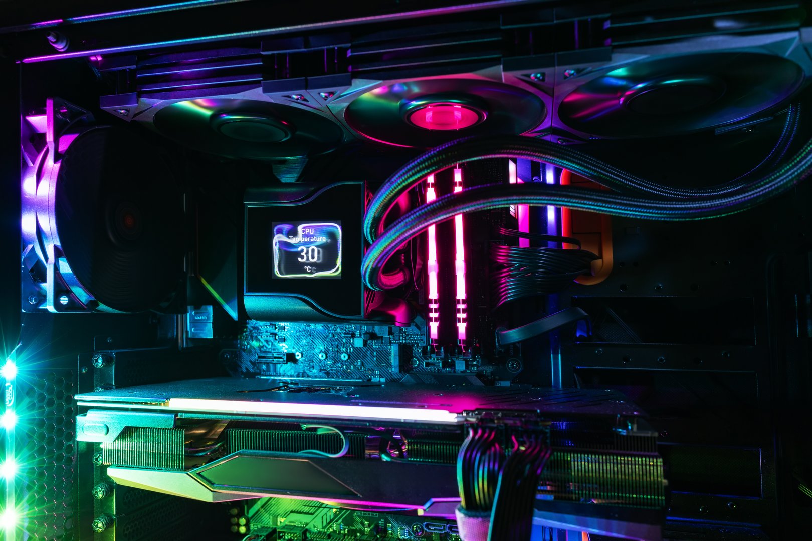 Case Mod concept with Cpu liquid cooling system, motherboard, case led kit and RGB fan.
