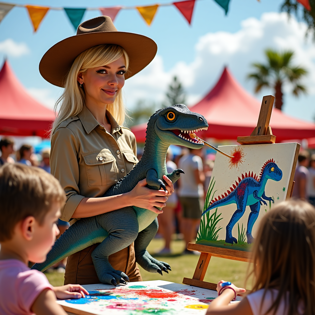 Woman in safari hat holds a toy dinosaur at an outdoor art event with children painting under colorful tents.