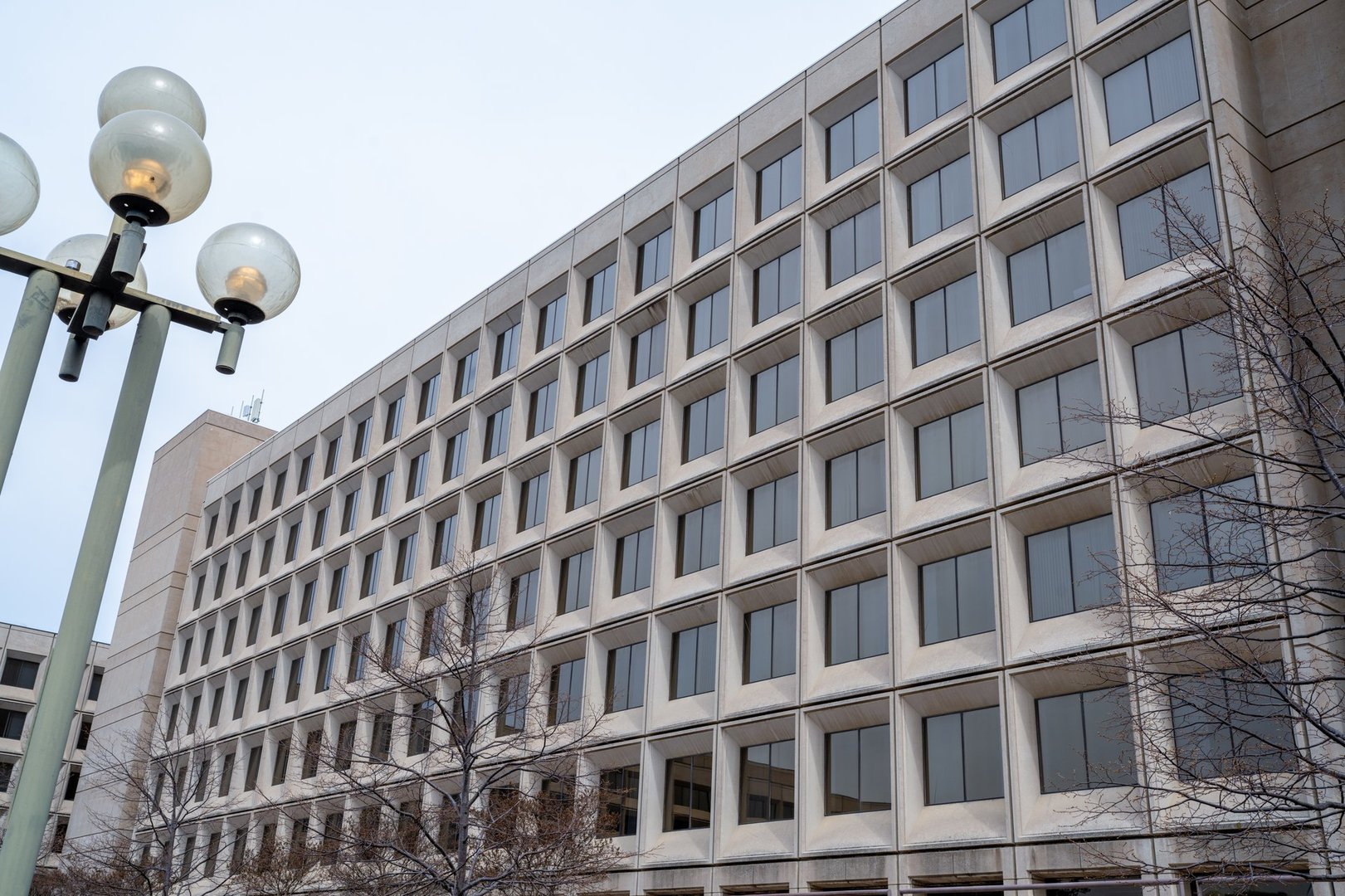 A Brutalist Federal Government Building with Concrete and Glass in Washington D.C.