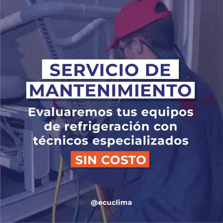 Technician in red safety gear examines refrigeration equipment, with text promoting free maintenance service.