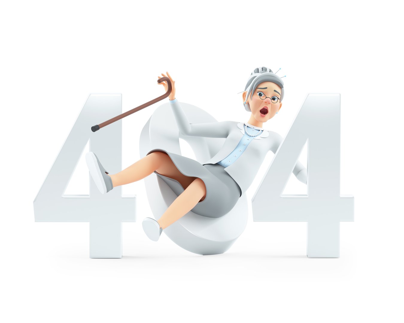 3d cartoon granny falling in 404 word, illustration isolated on white background