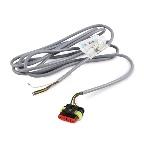 Gray wire harness with a red connector plug and exposed wires at the other end, coiled with a label near the connector.