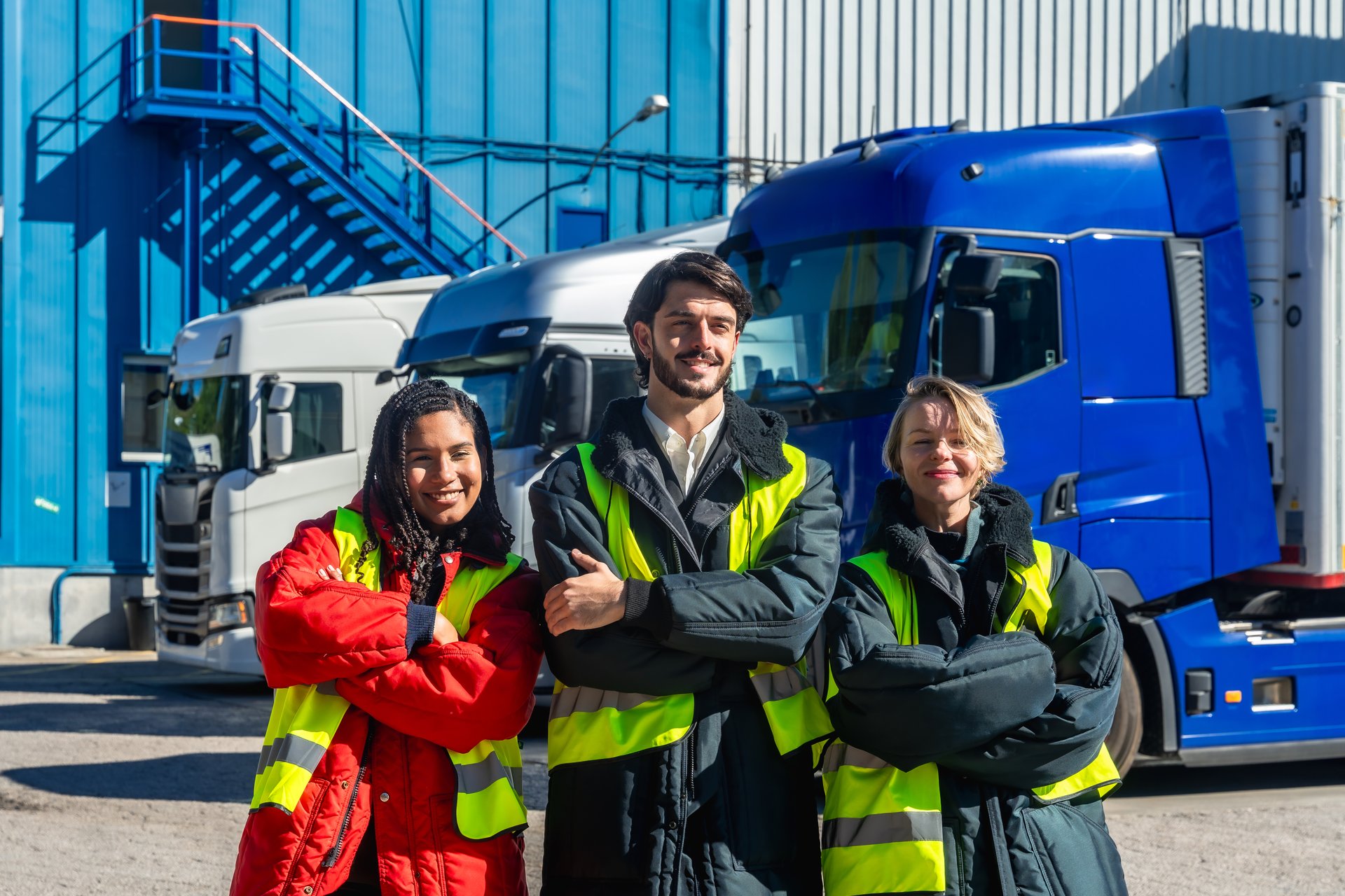 Diverse logistics team members wearing safety vests