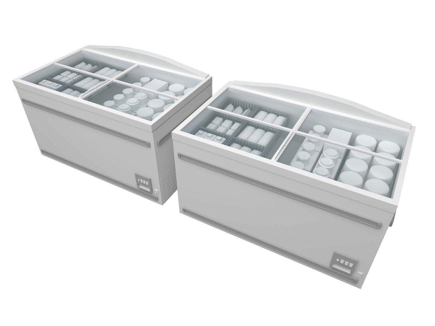 Freezer bonnet with glass doors and a variety of frozen products and foods. isolated on a white background. 3d rendering illustration.