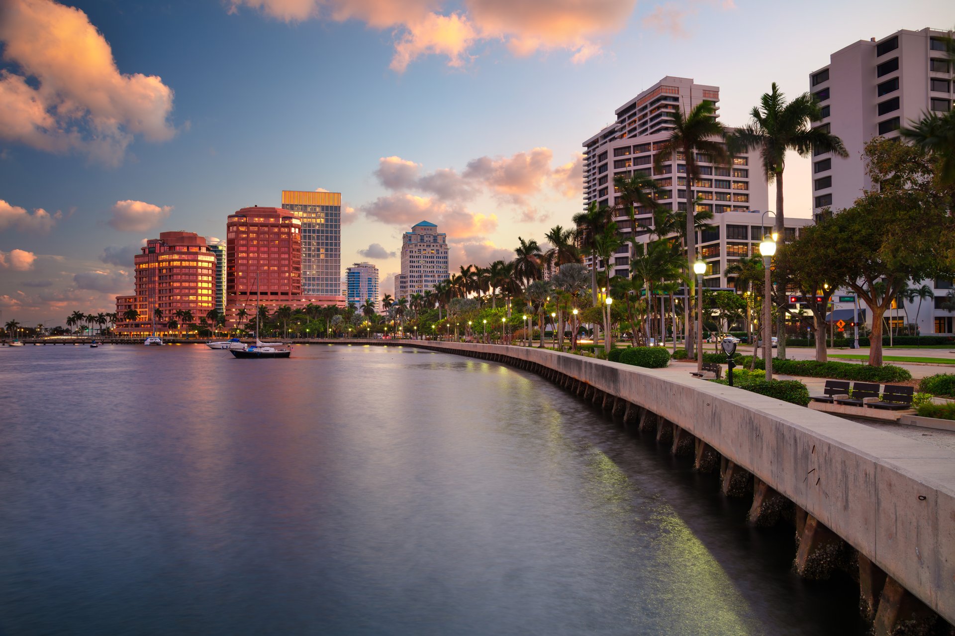 Florida waterfront cityscape with modern buildings and palm trees