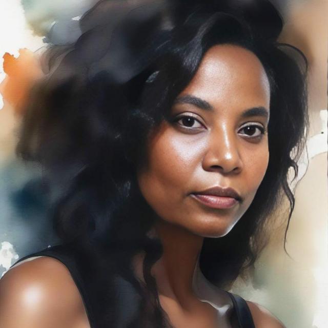 A digital portrait of a woman with wavy black hair, wearing a sleeveless black top, looking directly at the viewer.