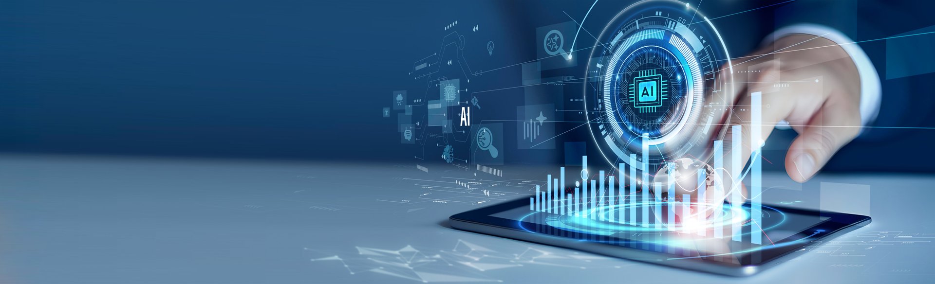 An advanced Artificial Intelligence concept is depicted with a person's hand touching a tablet screen that showcases a vibrant digital interface. The display features AI-related icons, a growing bar chart symbolizing data analysis, and intricate blue neural network patterns. This visual emphasizes the interaction with AI, data visualization, and the future of machine learning and advanced technology.