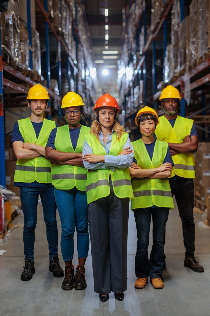 Team of warehouse workers posing for a photo, standing with their arms crossed wearing safety vests and hardhats.