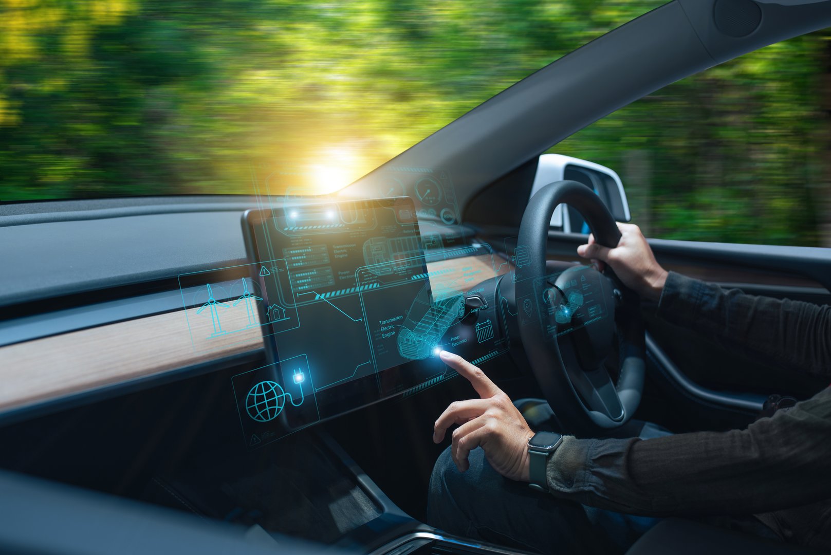Electric car energy-saving security power charging system, multi-gesture interactive touch finger of driver concept, and smart car dashboard HUD screen display system selection