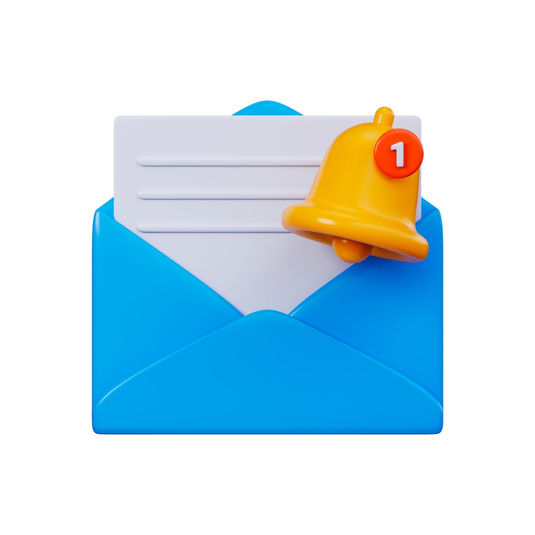 3D email icon with notification bell and new message icon. Open envelope with letter and notification symbol for incoming mail, inbox or system notification