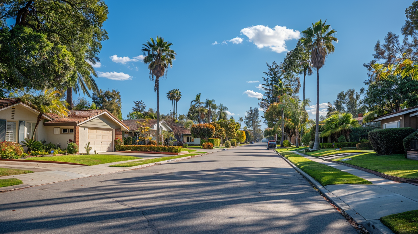 Residential street with apartment buildings and palm trees in the Palms neighborhood of Los Angeles