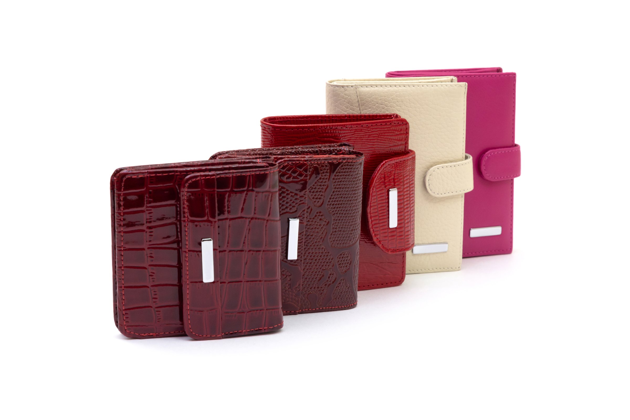 Set of five colourful leather wallets isolated on white background. Shopping concept