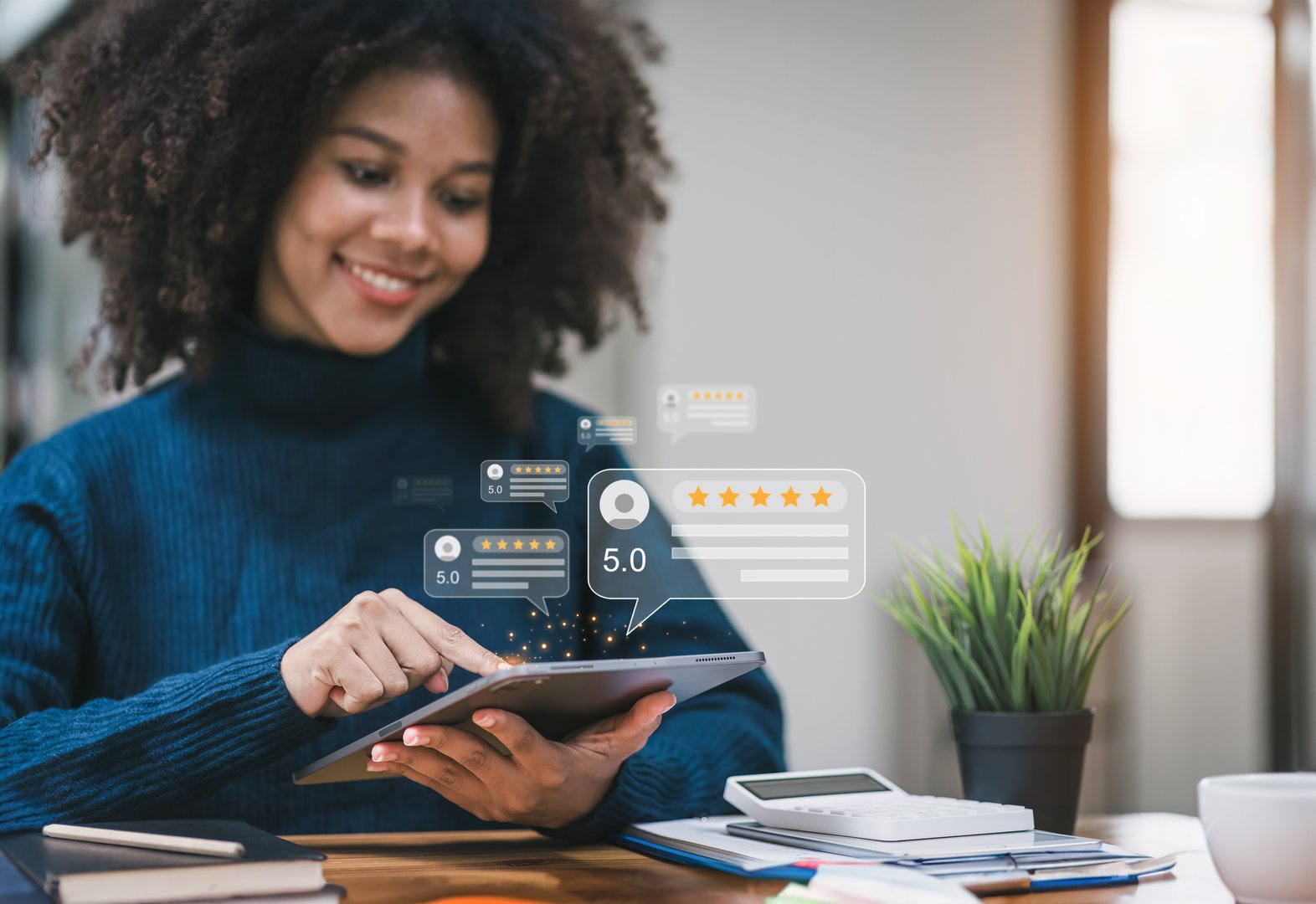 Close up of african american customer writing reviews, hand pressing on a smartphone screen with a golden five star rating feedback icon. Concept rating and feedback for evaluation. Selective focus