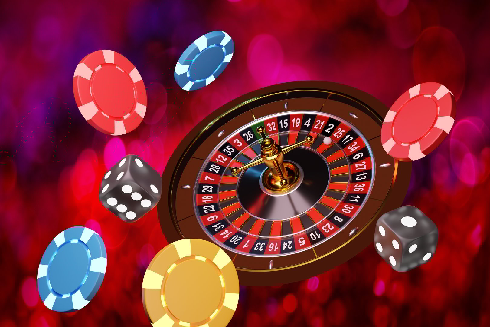Casino roulette, colorful poker chips and dice floating in mid air in red bokeh background. Illustration of the concept of gambling