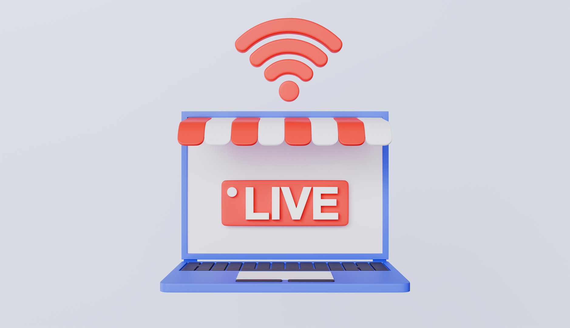 Storefront laptop with live and signal icon, livestream selling, live selling icon, online marketing strategy