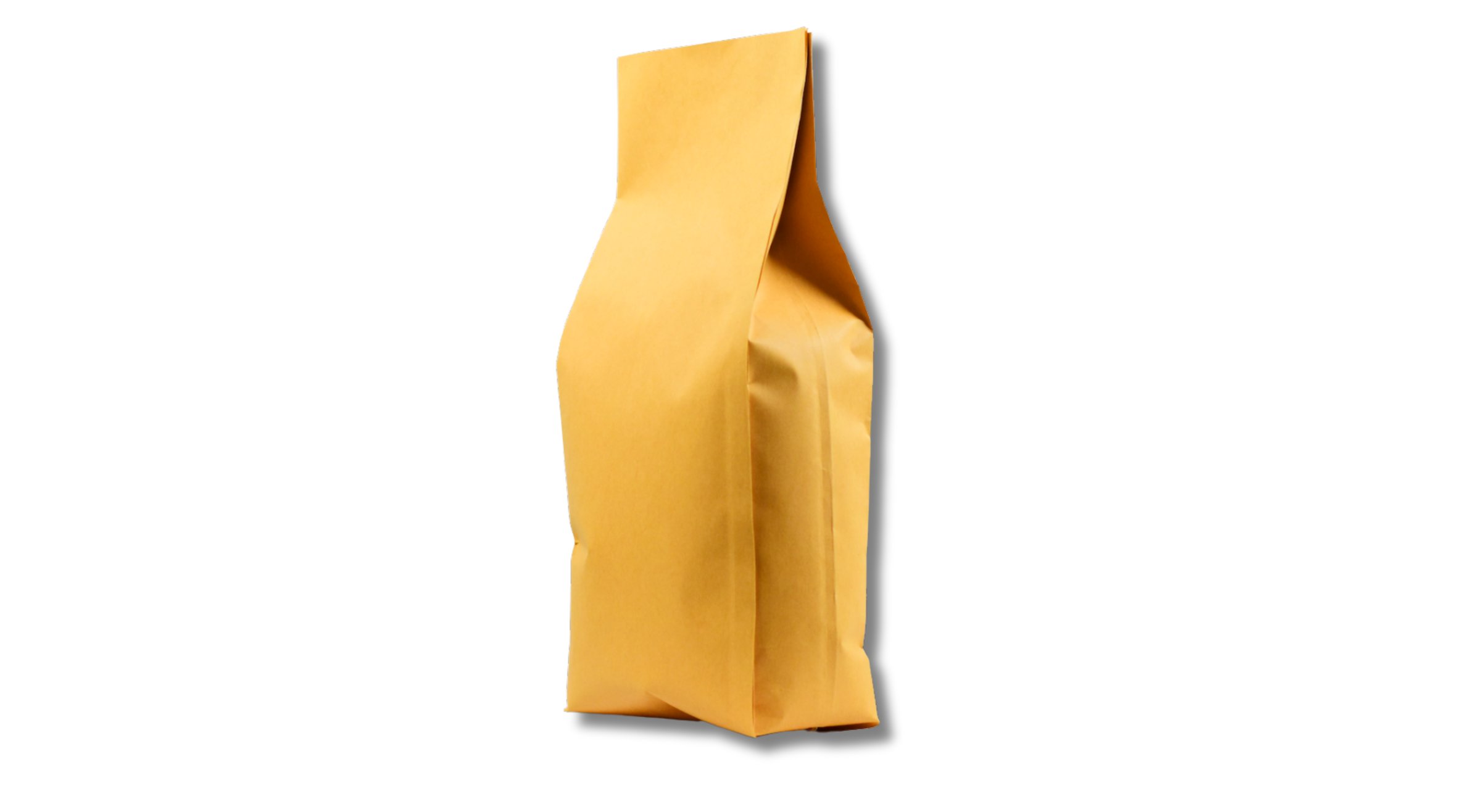 A standing yellow paper bag with a flat bottom against a white background.