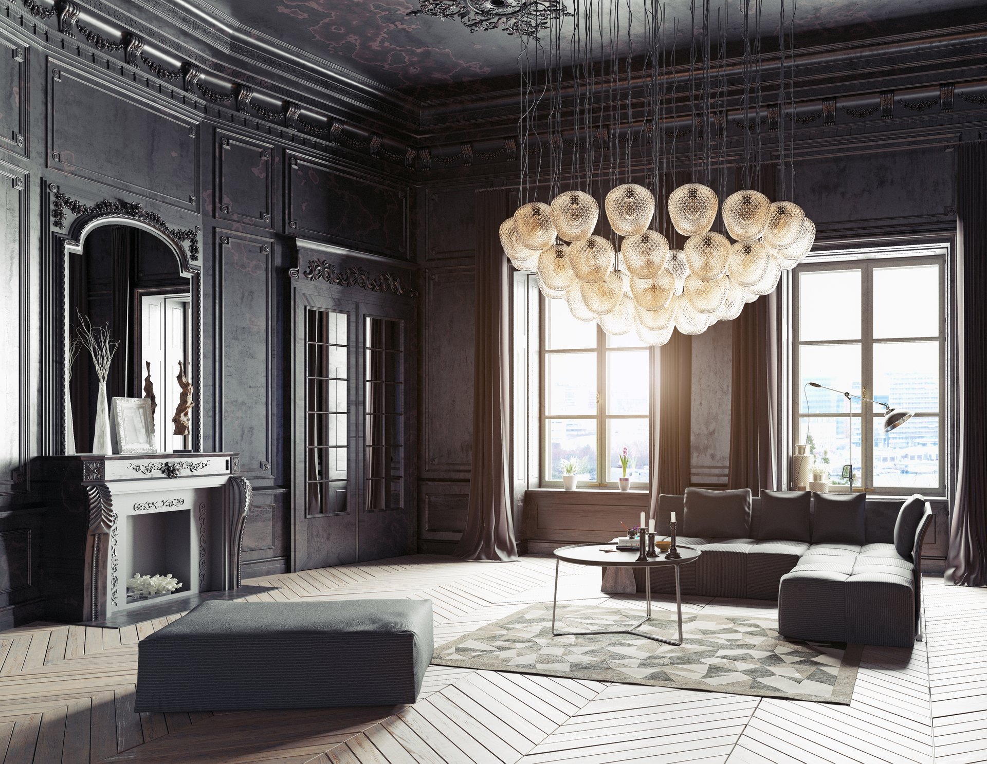 A 3d rendering of a luxurious living room with dark classic wall paneling, a high ceiling, and a light wood floor. A large modern glass chandelier hangs over a greyâ¦