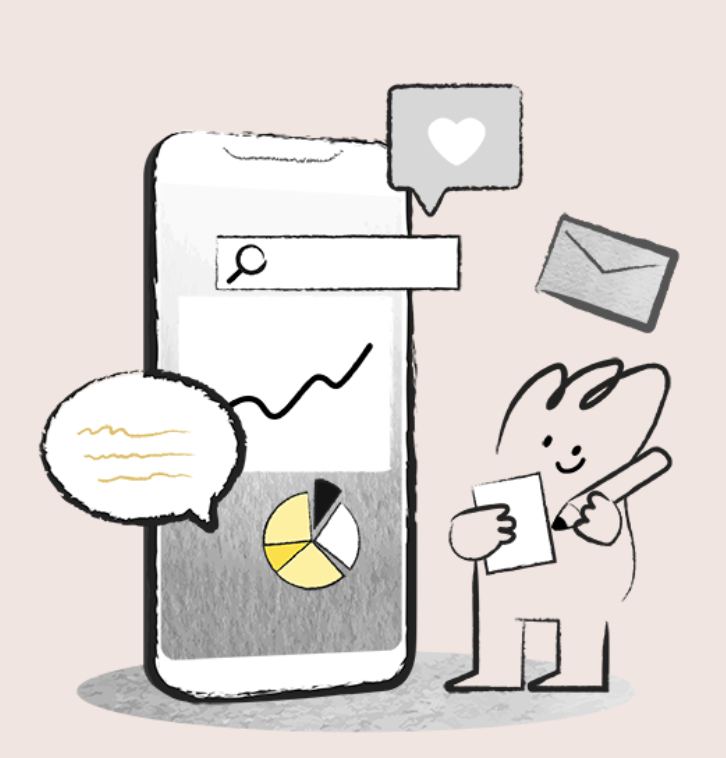 Illustration of a smartphone with graphs and icons, next to a smiling character holding a pen and paper.