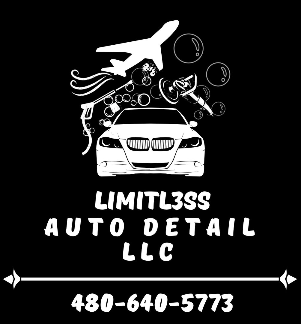 Logo for Limitl3ss Auto Detail LLC featuring a car, cleaning tools, an airplane, and a phone number: 480-640-5773.