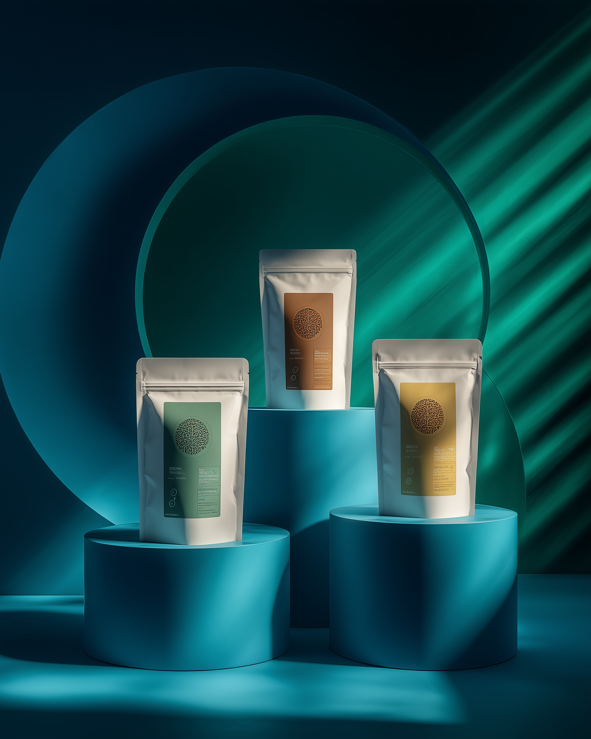 Three coffee bags on teal pedestals with dramatic lighting, set against a dark background with circular patterns.