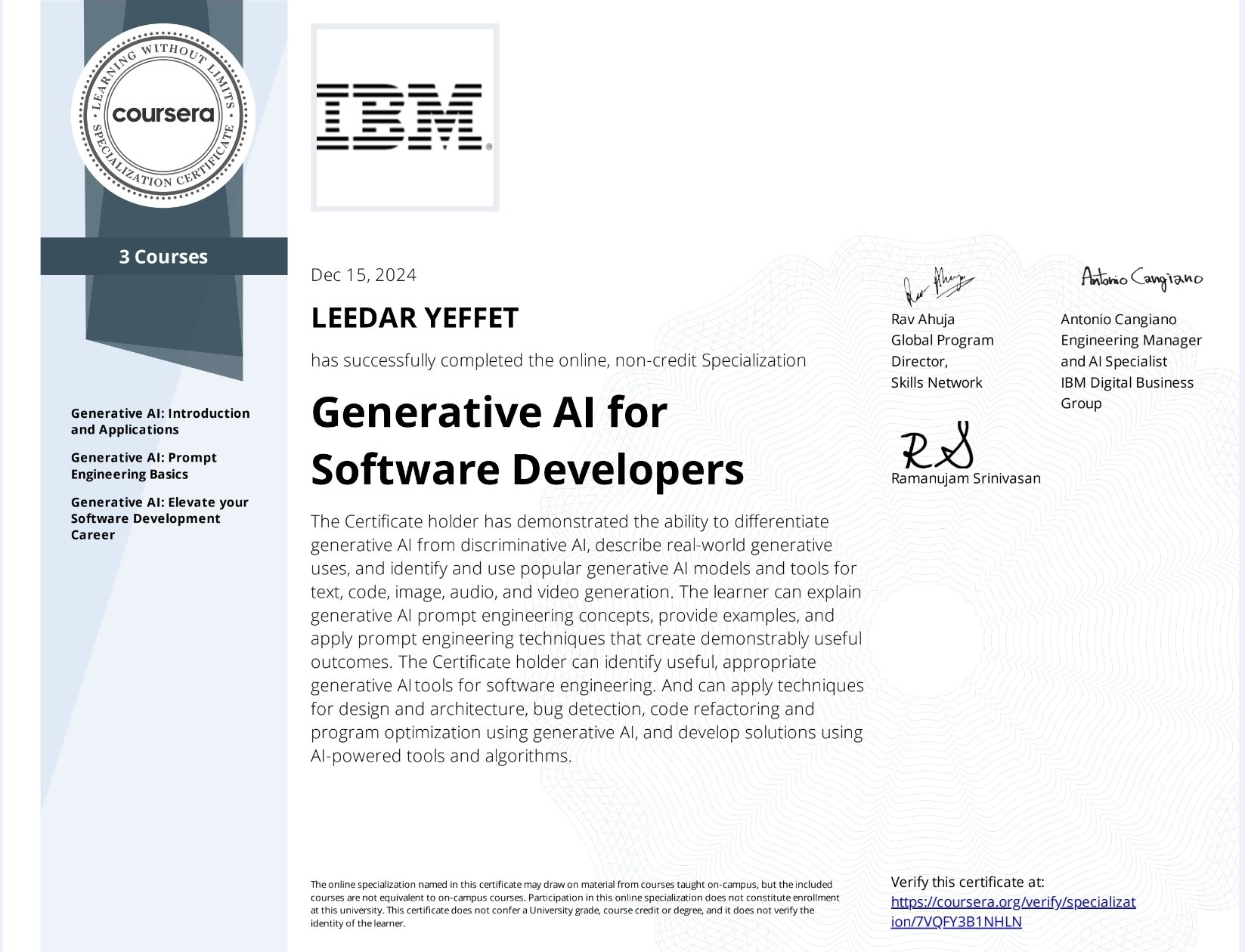 Coursera certificate for completing Generative AI for Software Developers specialization from IBM.