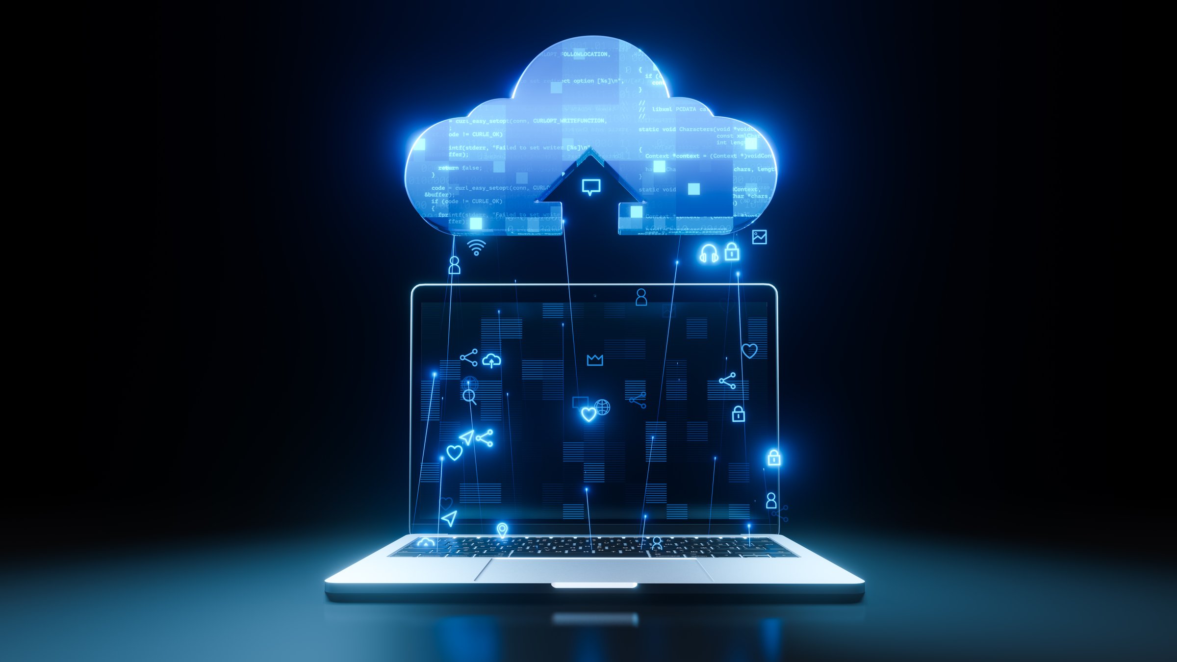laptop upload big data to cloud technology. send upload media icon and line trail to cloud computing, arrow upload, coding programming, 3d rendeing,3d render