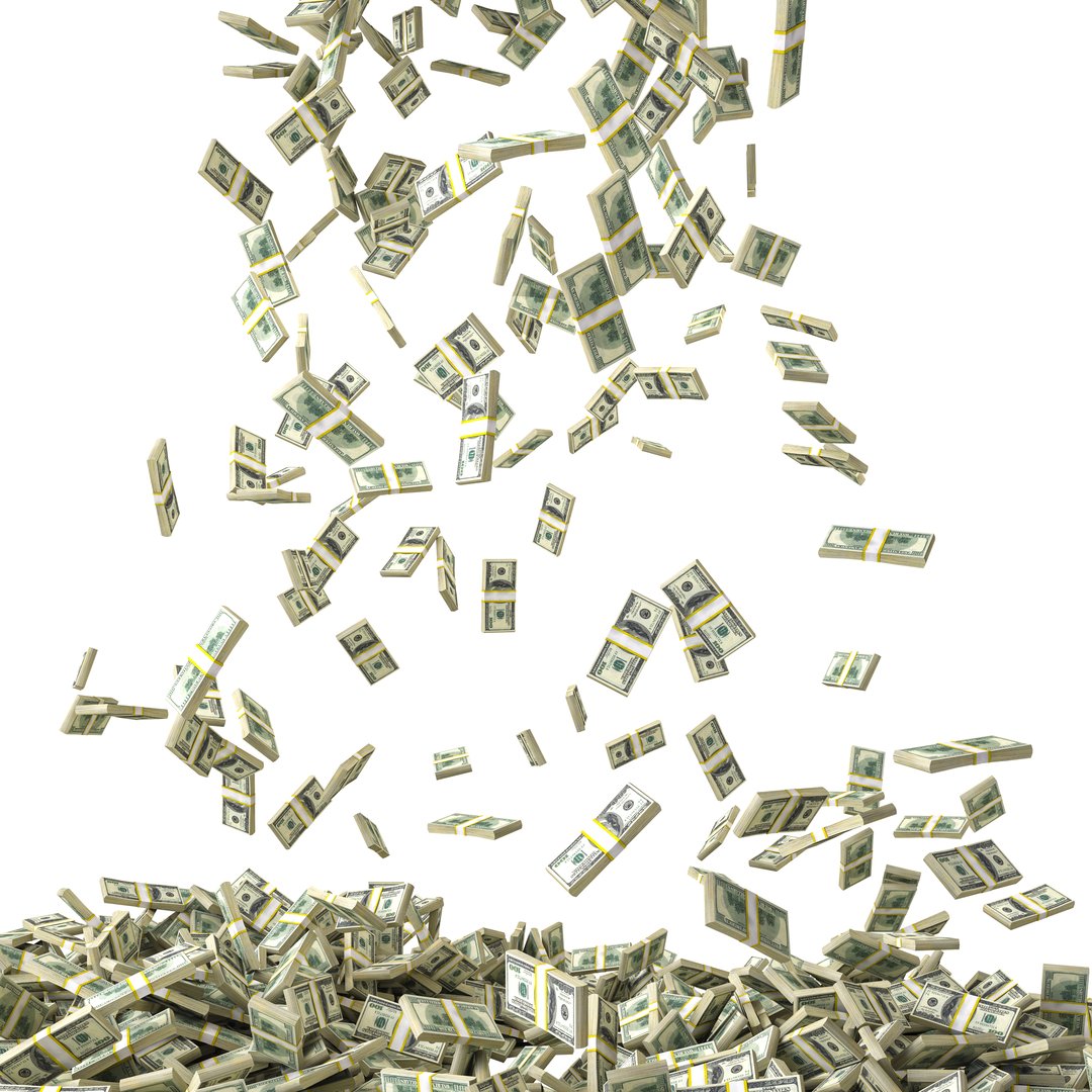 Piles  money  us dollar bills falling, isolated  transparent background. 3d render