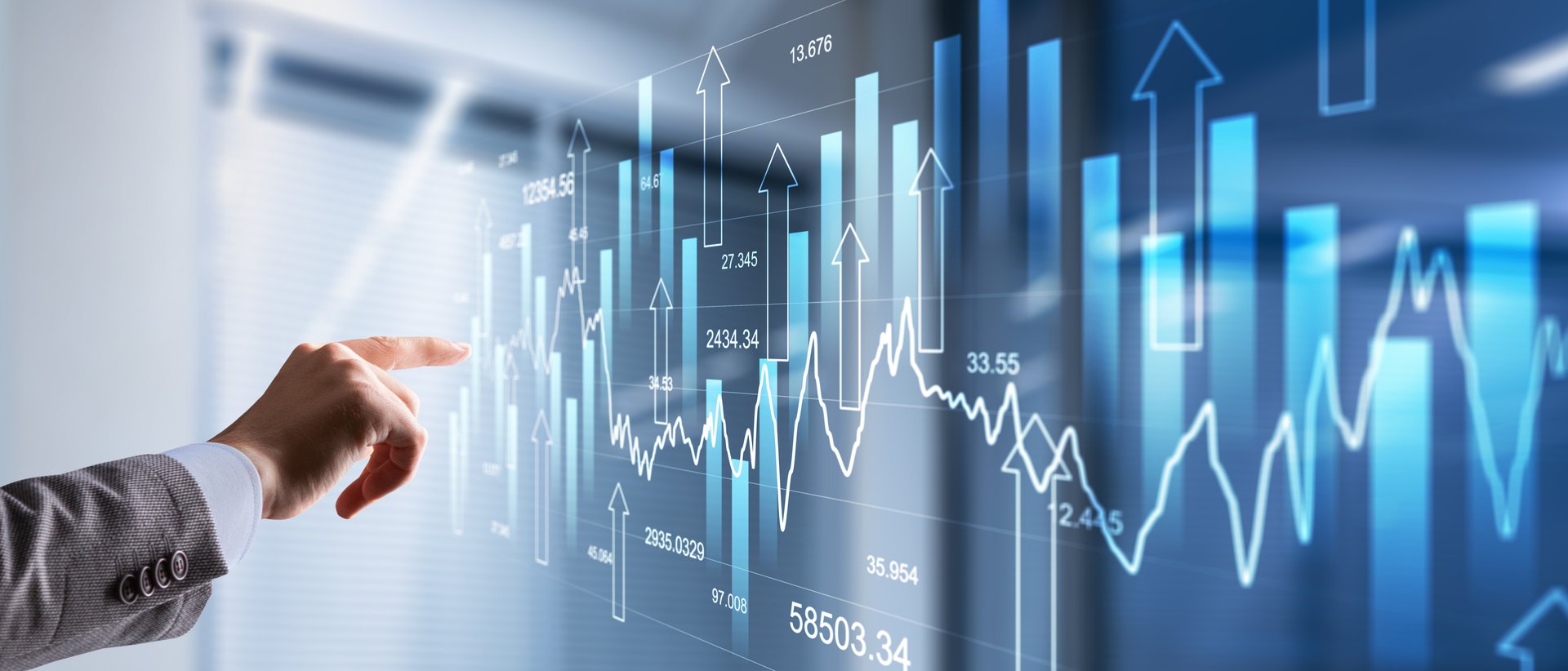 Financial growth graph on virtual screen. Sales increase, marketing strategy concept.