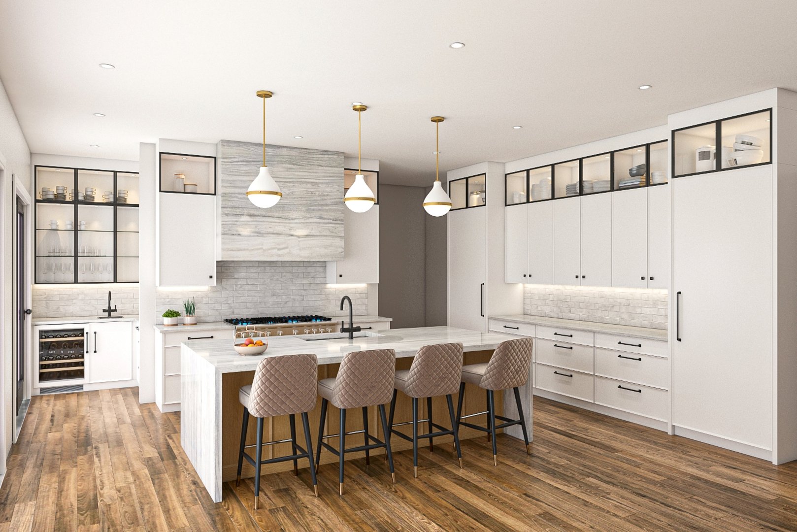 Bright and modern kitchen showcasing white cabinetry, stylish island seating, and warm wooden flooring. Additions include elegant pendant lights and plenty of storage. Perfect for contemporary home inspirations.