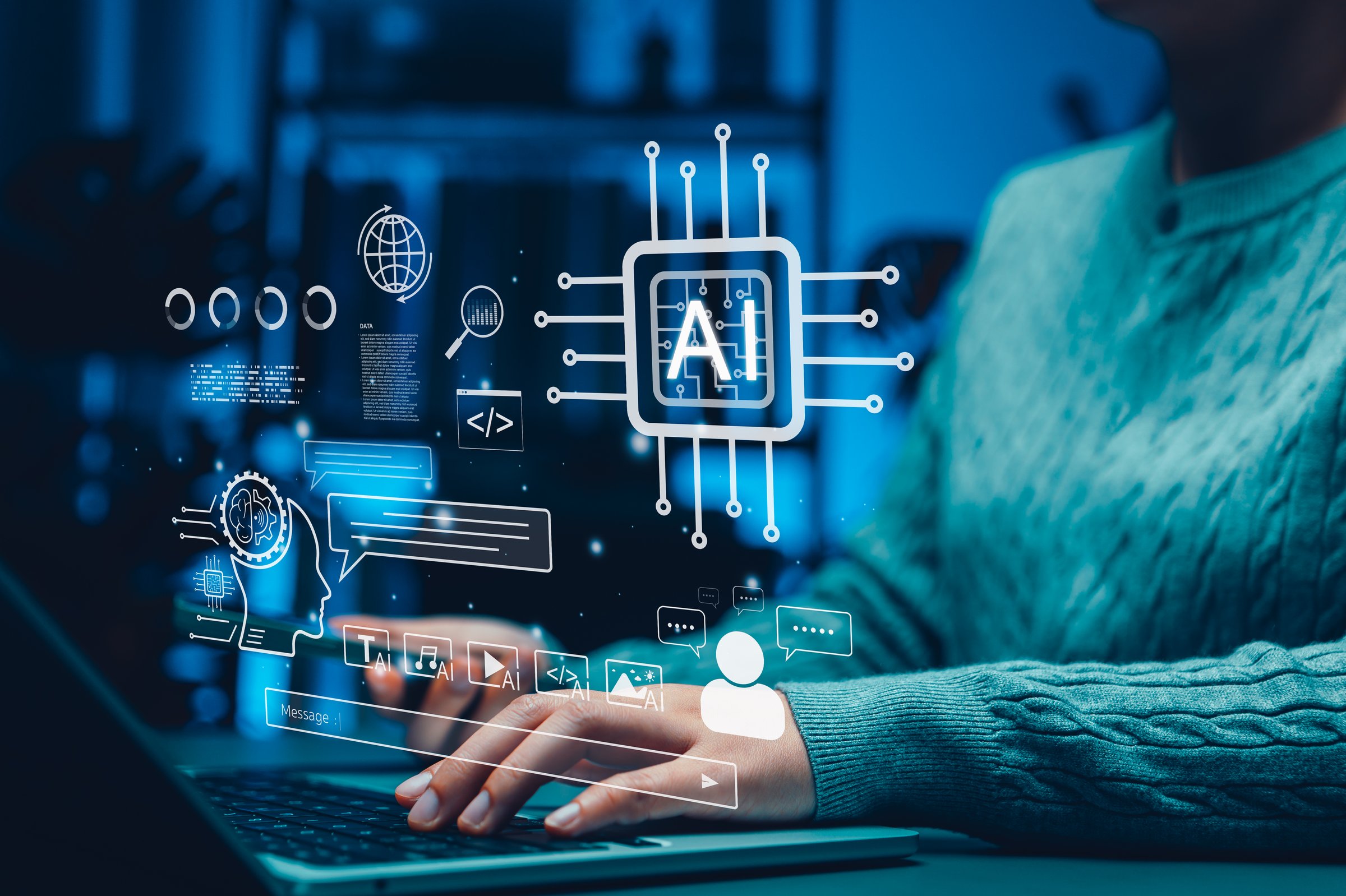 Artificial intelligence concept. Person using laptop with digital interface icons and AI processor representing machine learning, chatbot, smart data technology. Ai agent and assistant app, Agentic AI