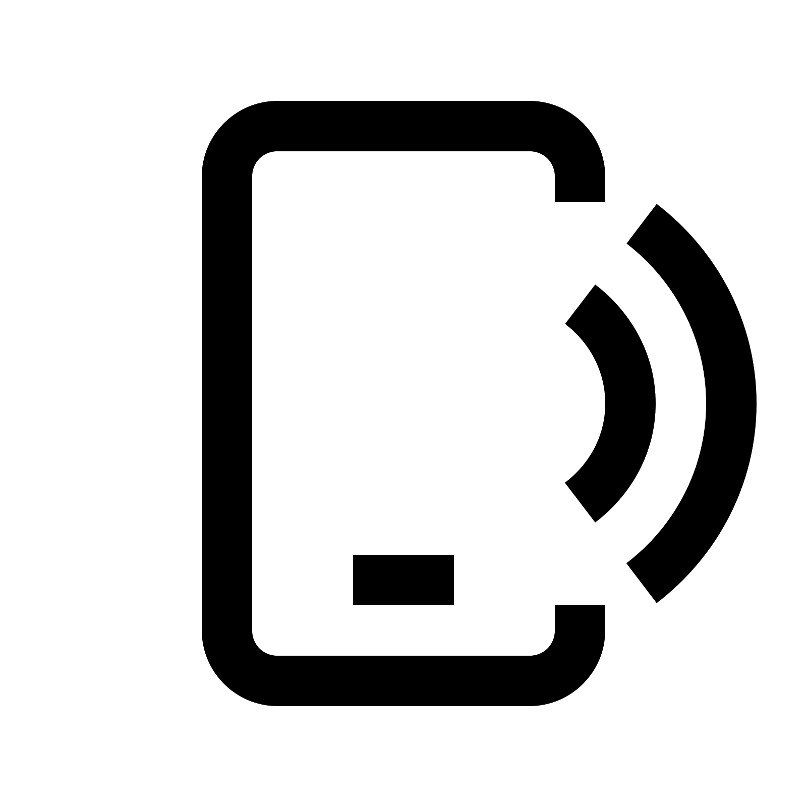 Icon of a smartphone with sound waves, indicating a ringing or notification. Black design on a transparent background.