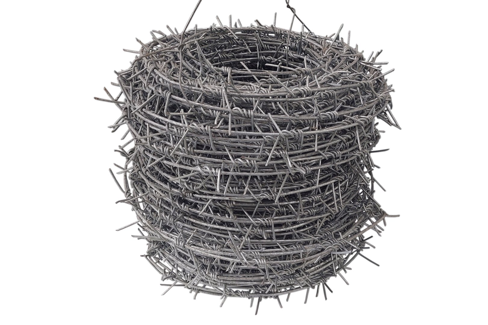 Coil of steel barbed wire isolated on white background