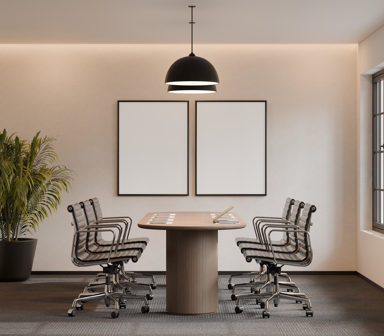 A realistic 3D rendering of a modern conference room featuring a wooden meeting table, ergonomic office chairs, and two large blank poster frames on the wall for mockup or design display. The space has soft lighting, a black pendant lamp, an indoor plant, and large windows that bring natural daylight into the minimalist office interior. Suitable for themes related to business, corporate spaces, meetings, workspace design, and interior visualization.