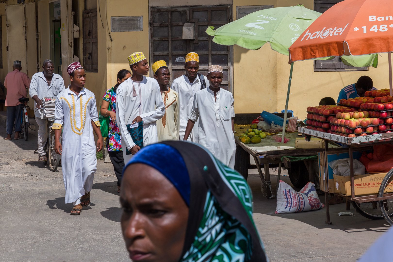 2018.02.24, Stone Town, Zanzibar, Tanzania. Travel around Africa. Citizens on the narrow streets of old town living there everyday lives.